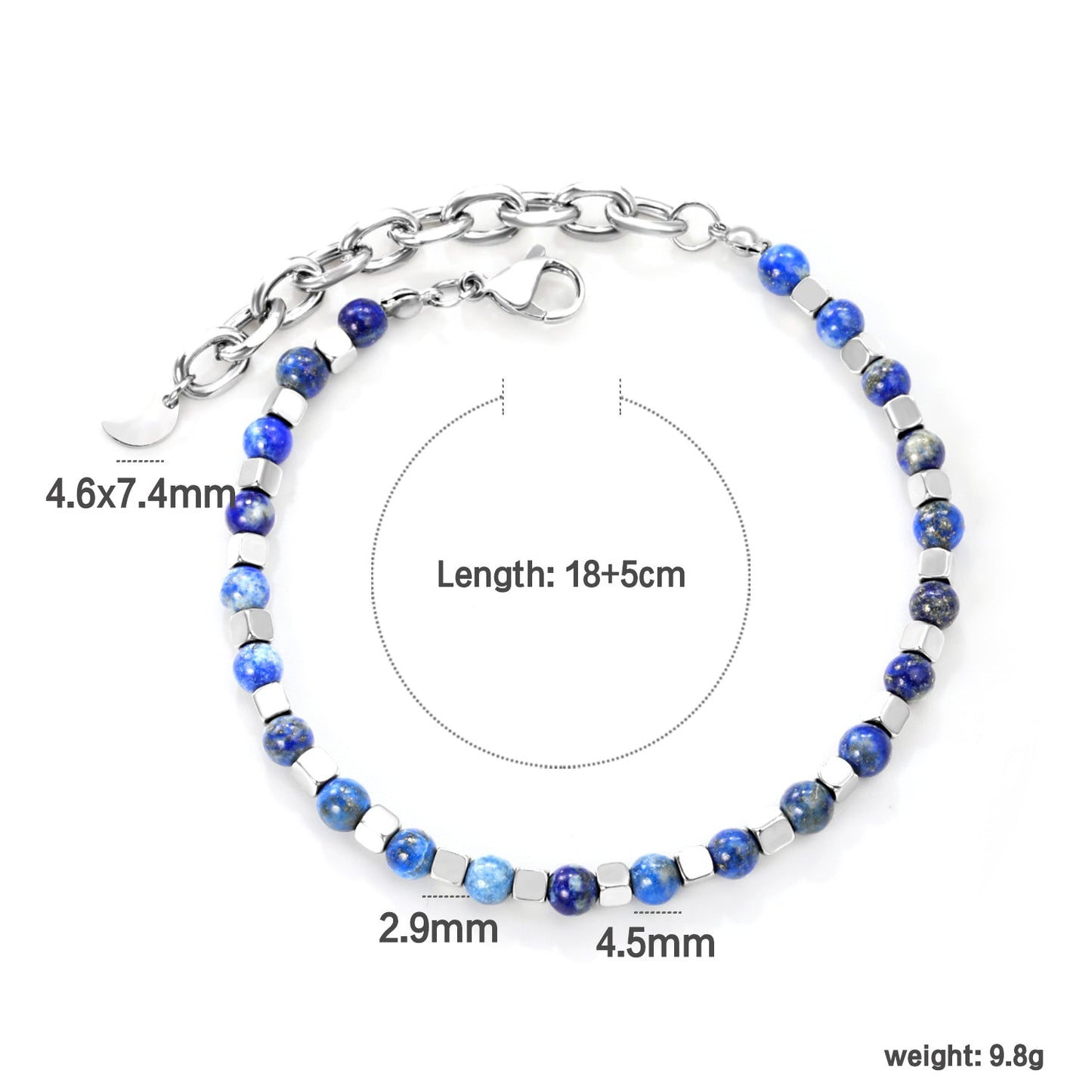 4.5mm mixed color round beads + 2.9mm square steel post 18.5+5cm end chain + 4.6*7.4 crescent moon tail plate bracelet steel color asonjewelry