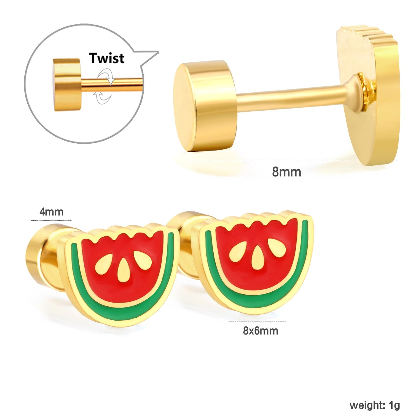 Screw plug 0.8*8mm needle watermelon with mixed color drop earrings 8*6mm gold color asonjewelry