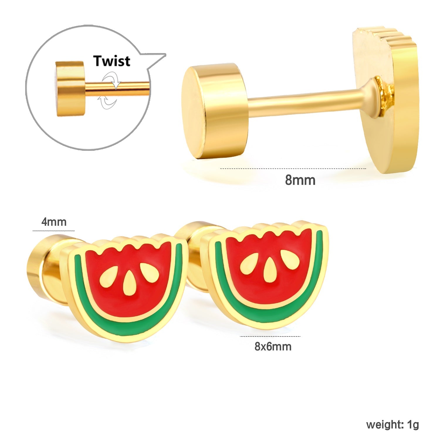 Screw plug 0.8*8mm needle watermelon with mixed color drop earrings 8*6mm gold color asonjewelry