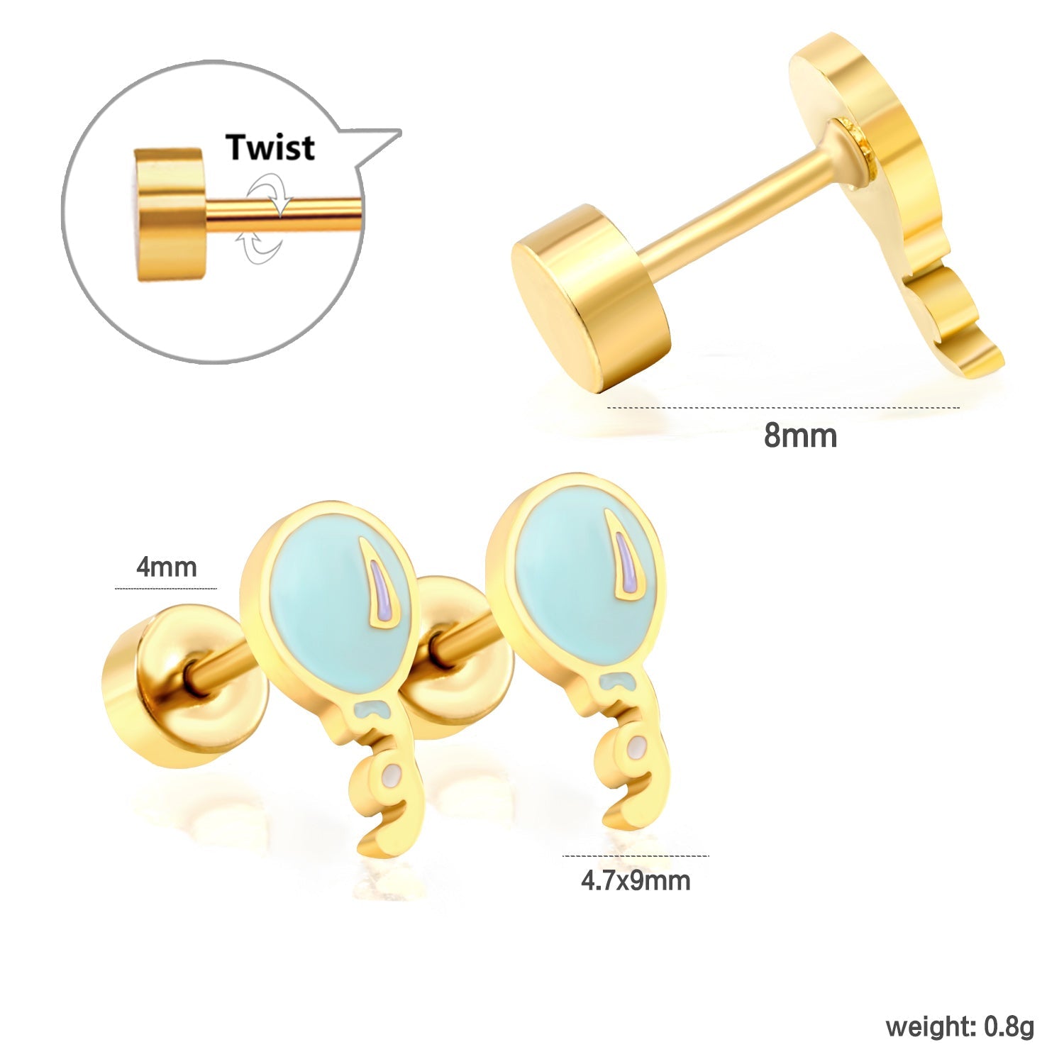 Screw plug 0.8*8mm pin balloon with blue drop earrings 4.7*9mm gold color asonjewelry