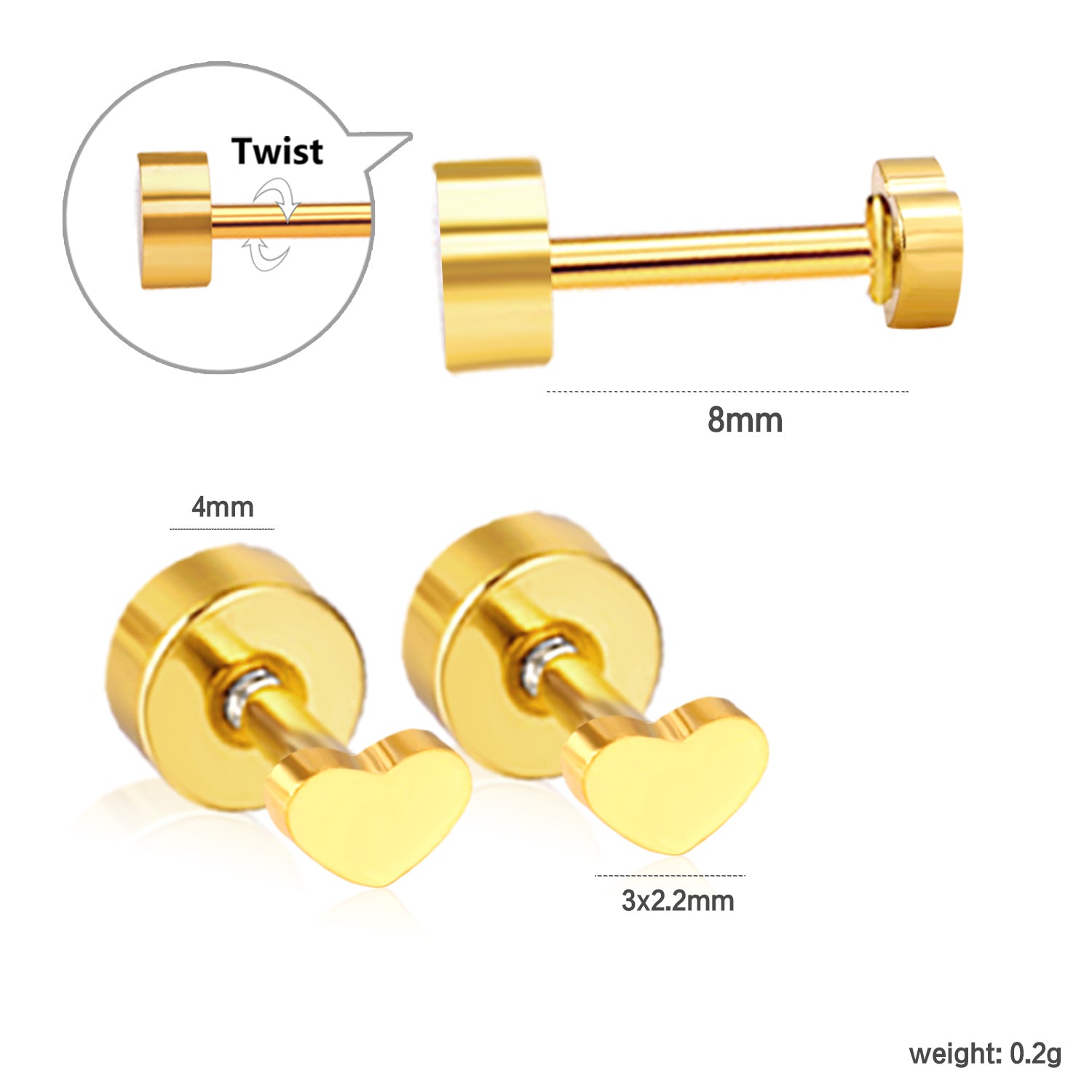 Screw plug 0.8*8mm pin small heart stud earrings 3*2.2mm gold color asonjewelry