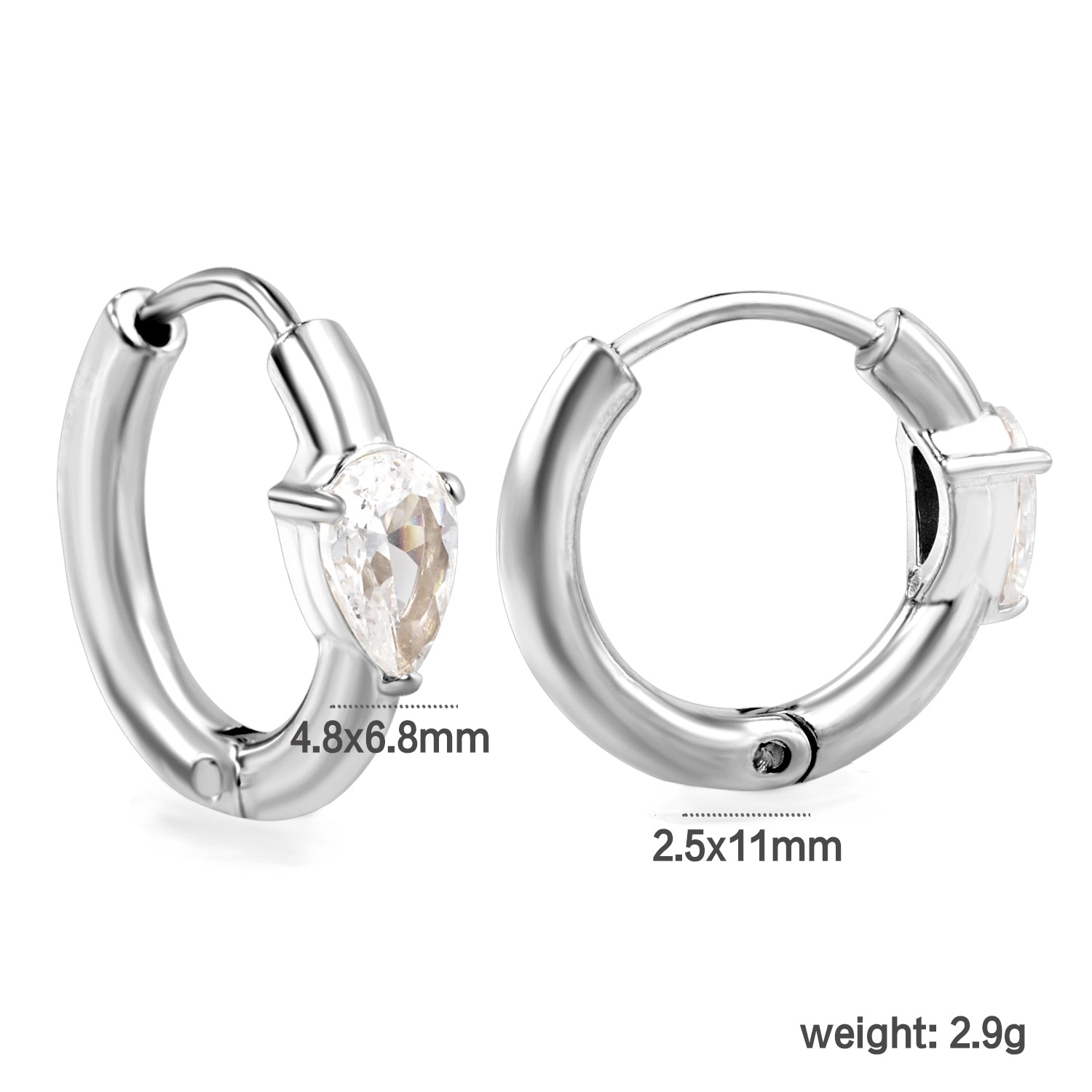 4.8*6.8mm teardrop shaped 3-prong zirconia ear clips 2.5*I.D. 11mm steel color gold color asonjewelry