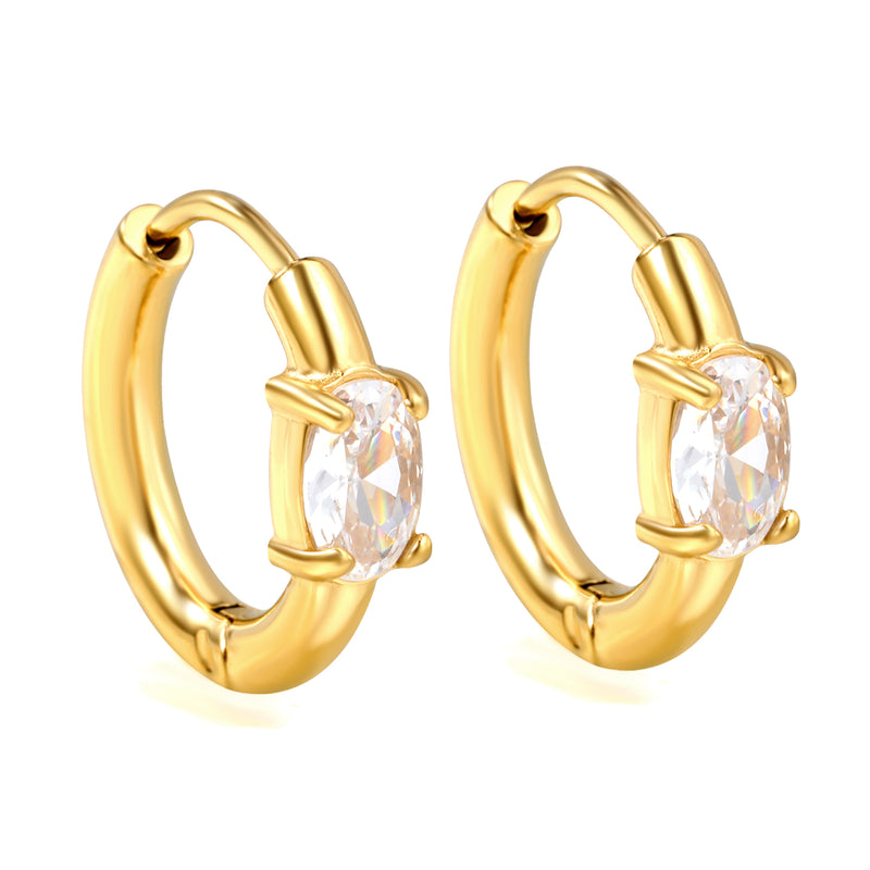 4.5*6.7mm Oval Four Claw White Zirconia Ear Clips 2.5*I.D. 11mm Steel Gold