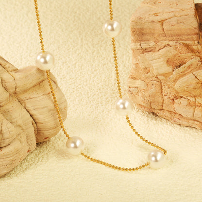 7pcs 8mm white pearl beads necklace 1.2mm*42+5cm gold color asonjewelry