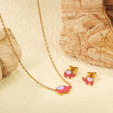8.6*6.4mm small elephant with pink oil drop earrings +12.2*9mm pendant set cross 0.3mm*45+5cm+6mm round plate steel color / gold color