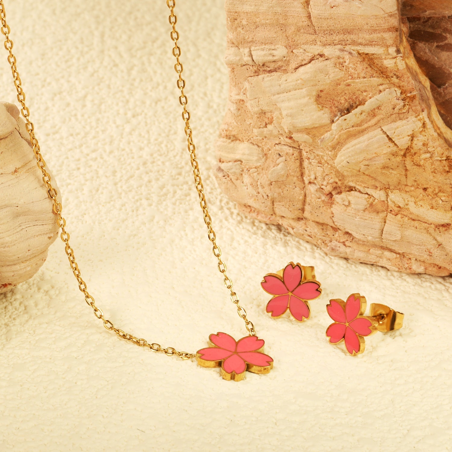 10mm Cherry Blossom with Pink Drip Earrings + 12.5mm Pendant Set Cross 0.3mm*45+5cm+6mm Round Gold Color asonjewelry