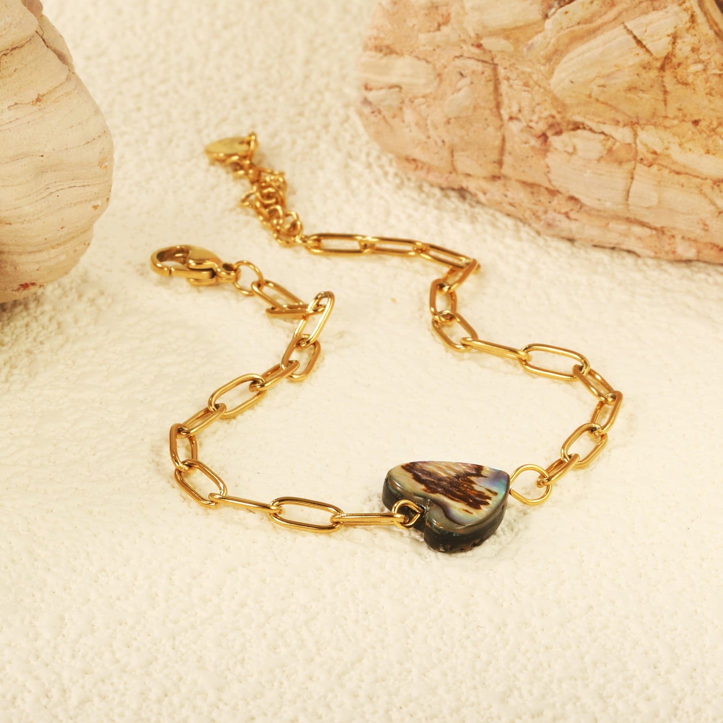 12.2*11.5mm Heart Shaped Abalone Shell Bracelet 0.8mm*17+3cm+6mm Round Plaque GOLDEN asonjewelry