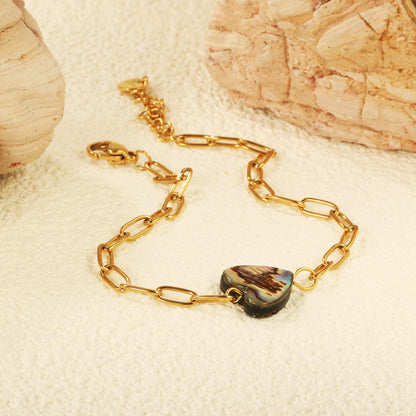 12.2*11.5mm Heart Shaped Abalone Shell Bracelet 0.8mm*17+3cm+6mm Round Plaque GOLDEN asonjewelry