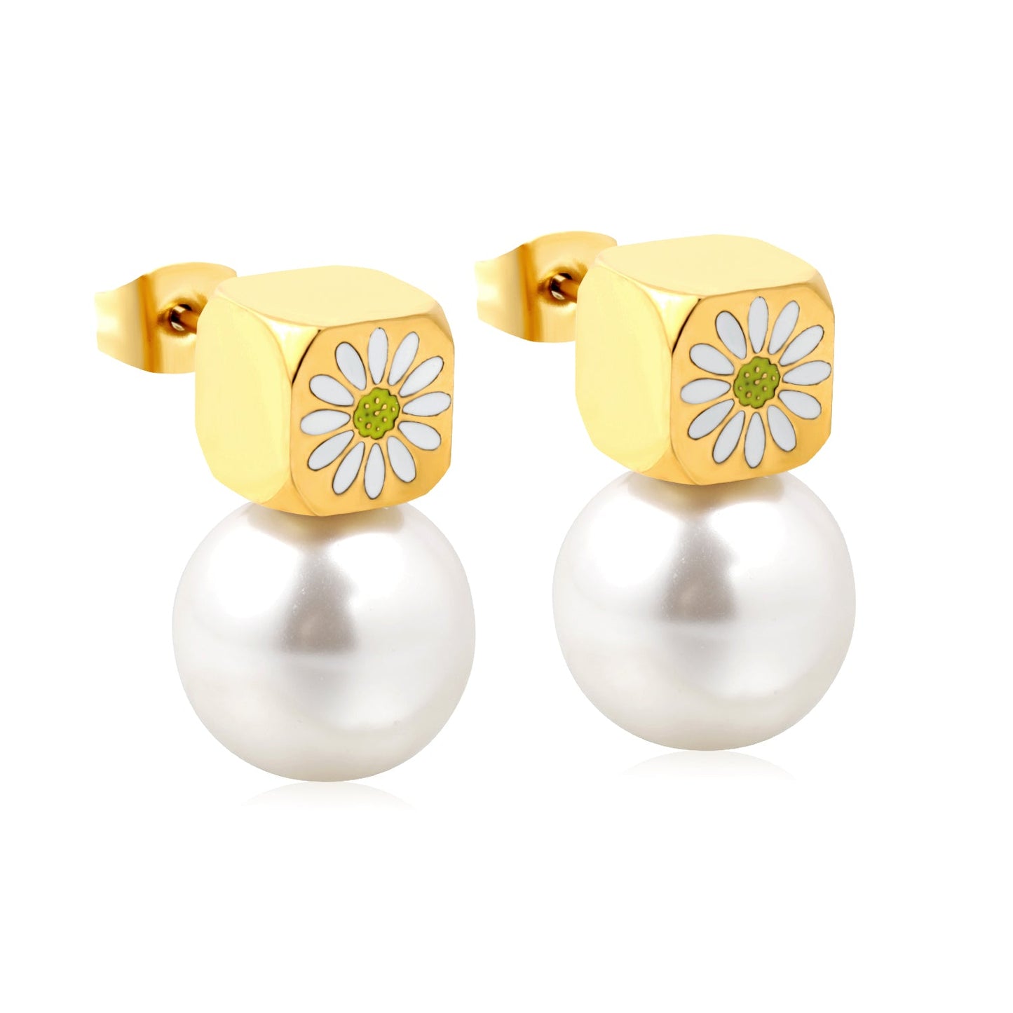 8mm square with white oil drop daisy + 12mm pearl stud earrings gold color asonjewelry