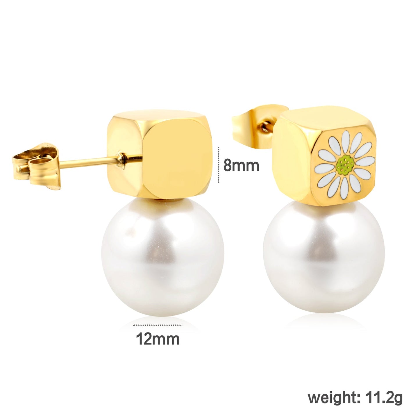 8mm square with white oil drop daisy + 12mm pearl stud earrings gold color asonjewelry