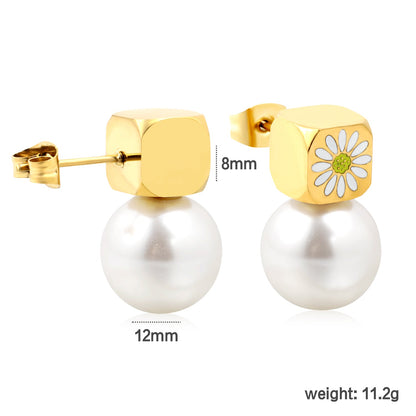 8mm square with white oil drop daisy + 12mm pearl stud earrings gold color asonjewelry