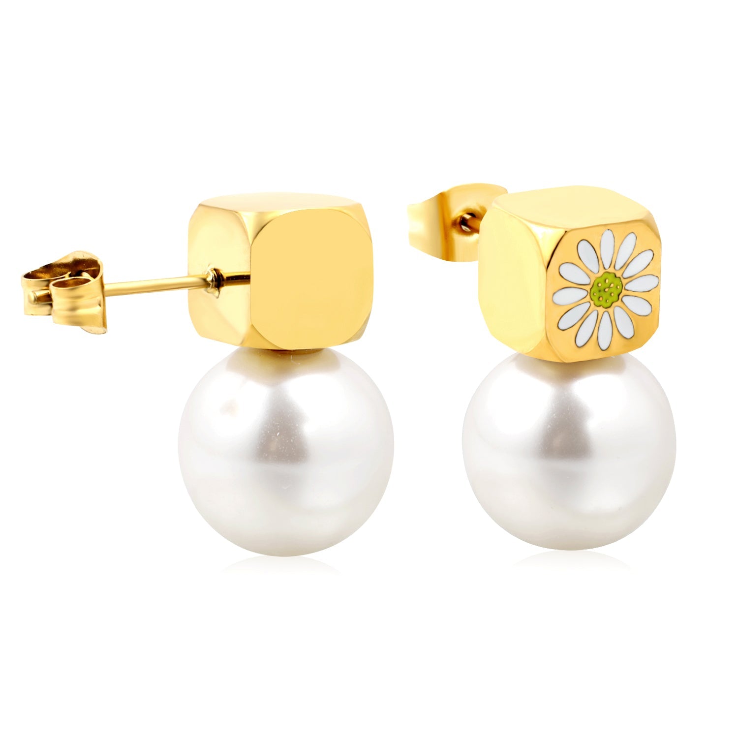 8mm square with white oil drop daisy + 12mm pearl stud earrings gold color asonjewelry