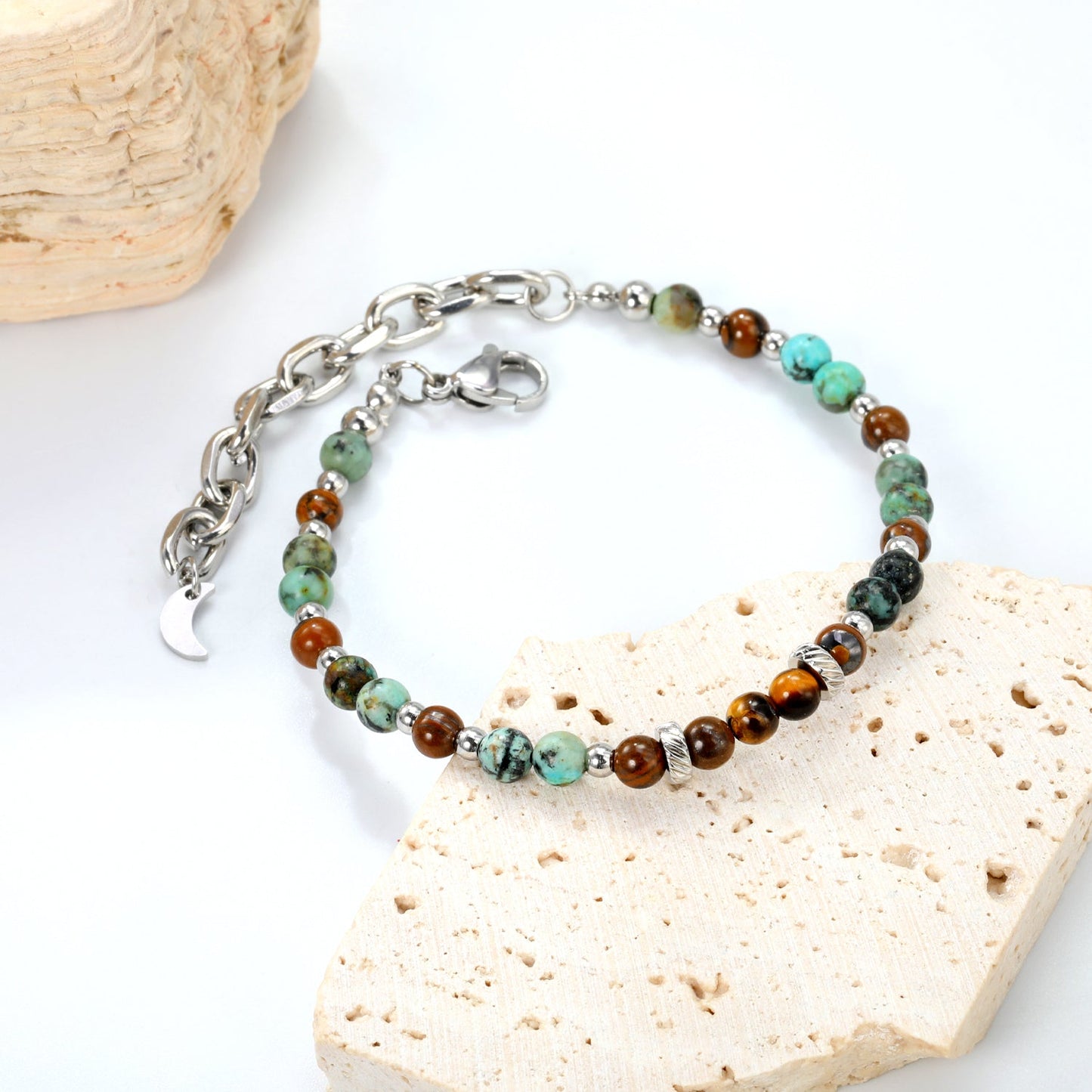 About 4.7mm mixed color round beads + 2.9mm round steel beads 18+5cm end chain + 4.6*7.4 crescent moon tail plate bracelet steel color asonjewelry