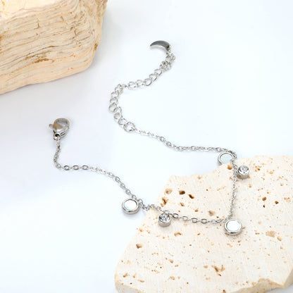5.9mm three round white shells + 4mm two cylindrical with white diamonds accessories 18 + 5cm end chain + 4.6 * 7.4 crescent tail plate bracelet steel color asonjewelry