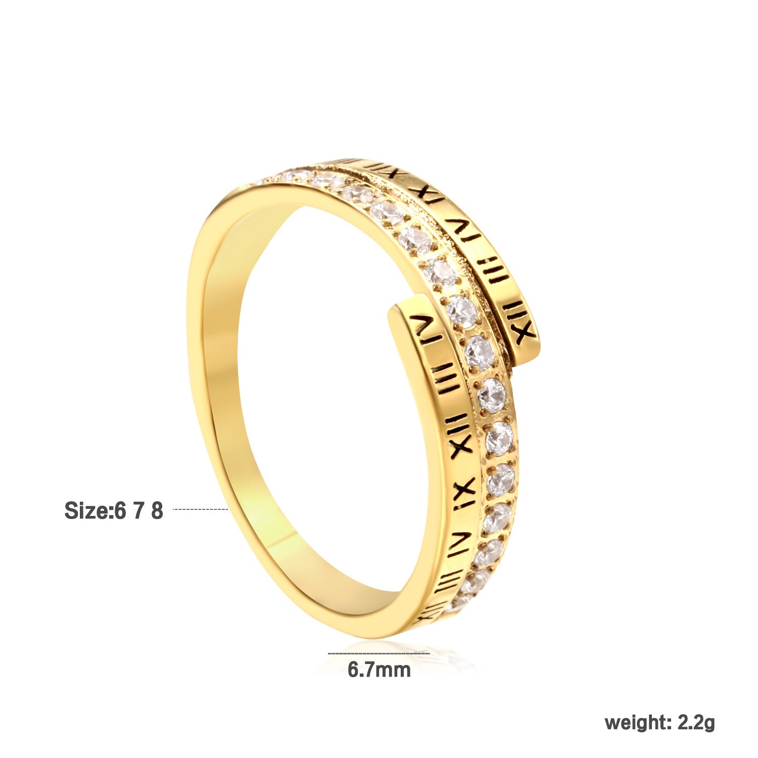 CNC white zirconia + Roman numerals single ring gold color asonjewelry