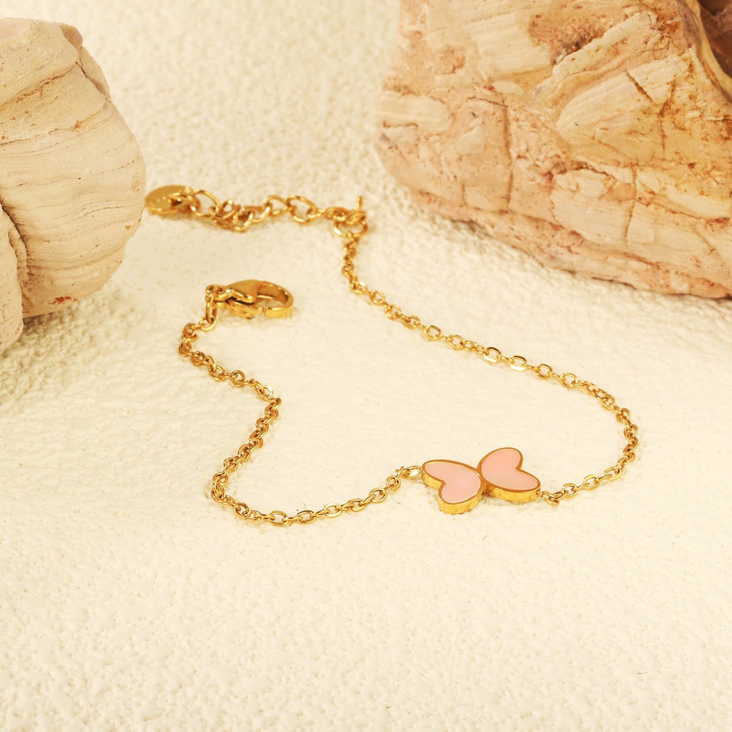 11.2*8mm Butterfly with White Shell/Black Yak/Pink Shell/Green Drip Oil Bracelet Cross Chain 0.4mm*17+3cm+6mm Round Tail Plaque Gold Color asonjewelry