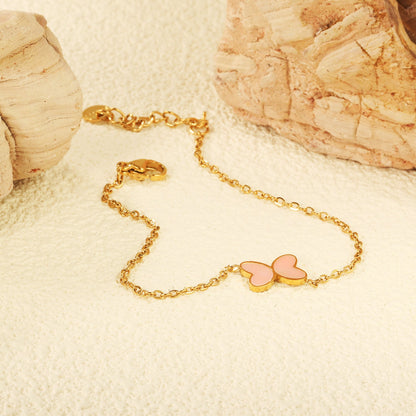 11.2*8mm Butterfly with White Shell/Black Yak/Pink Shell/Green Drip Oil Bracelet Cross Chain 0.4mm*17+3cm+6mm Round Tail Plaque Gold Color asonjewelry