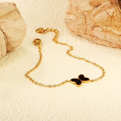 11.2*8mm Butterfly with White Shell/Black Yak/Pink Shell/Green Drip Oil Bracelet Cross Chain 0.4mm*17+3cm+6mm Round Tail Plaque Gold Color asonjewelry