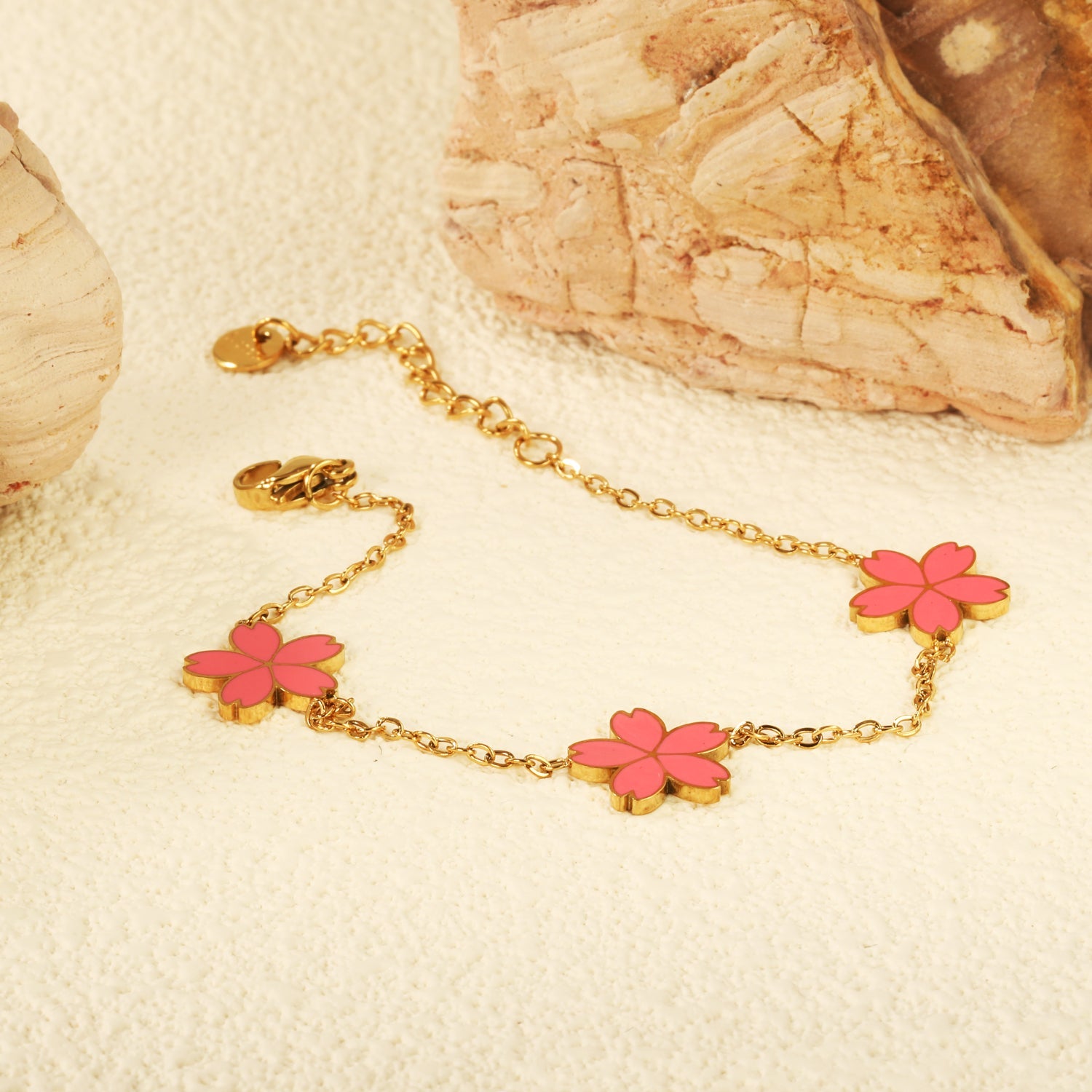 3 12mm cherry blossom with pink oil drop bracelet cross 0.4mm*17+3cm+6mm round plate Gold color asonjewelry