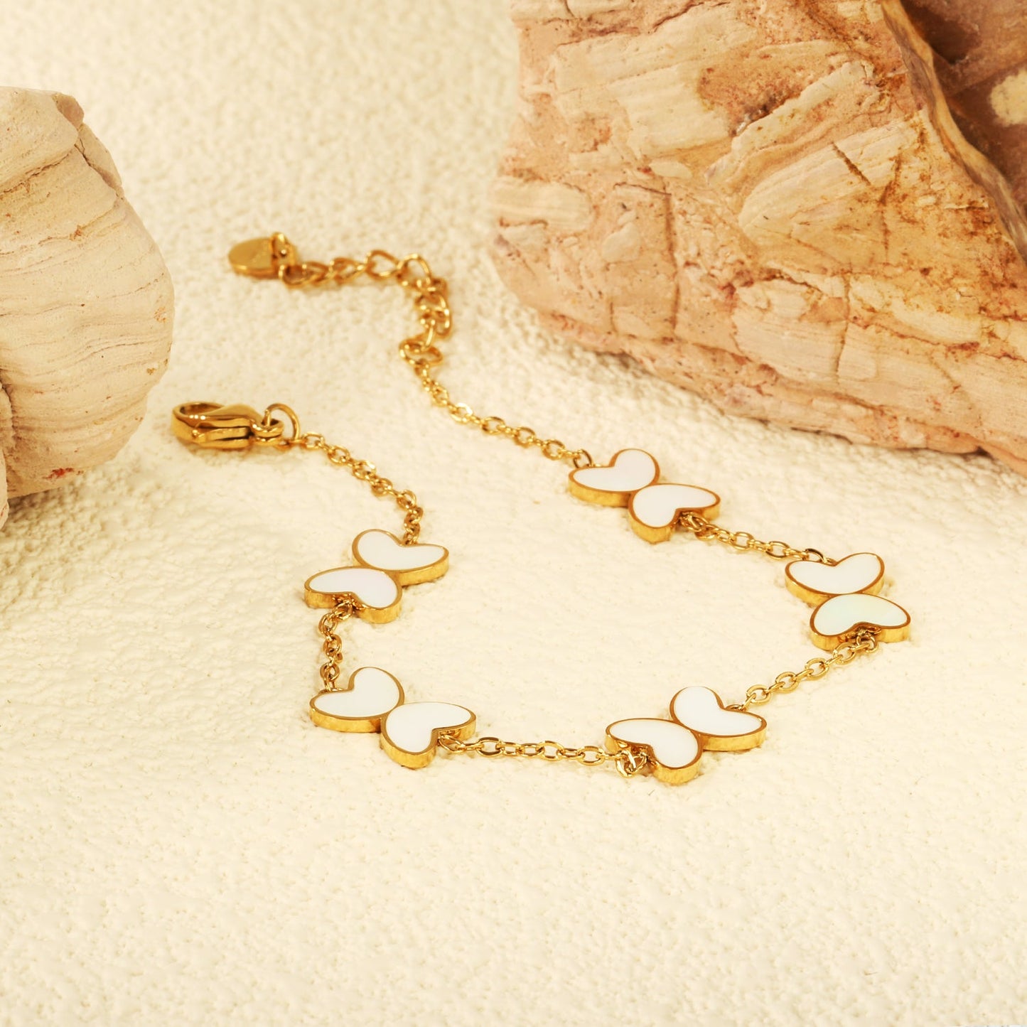 5pcs 11.2*8mm Butterfly with White Shell/Black Yak/Green Drip Oil Bracelet Cross Chain 0.4mm*17+3cm+6mm Round Plaque Gold Color asonjewelry