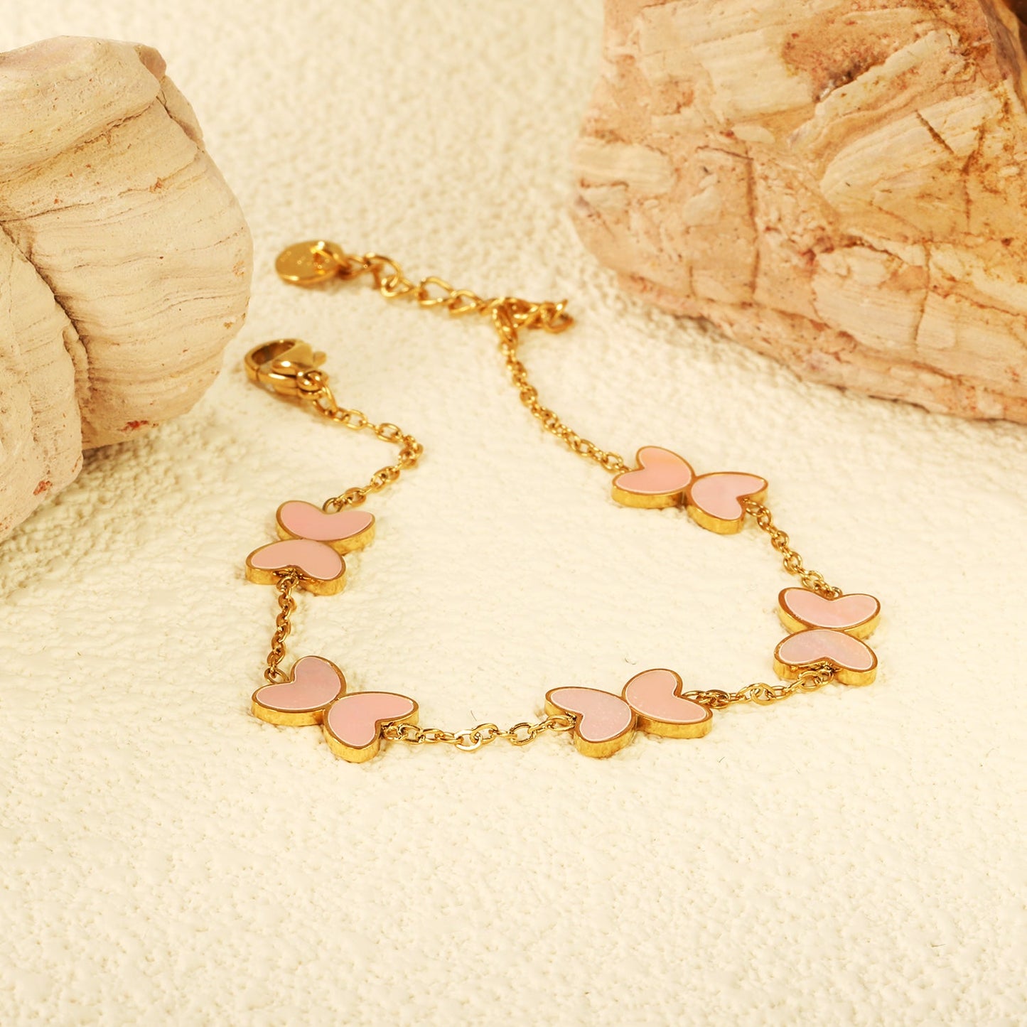 5pcs 11.2*8mm Butterfly with White Shell/Black Yak/Green Drip Oil Bracelet Cross Chain 0.4mm*17+3cm+6mm Round Plaque Gold Color asonjewelry