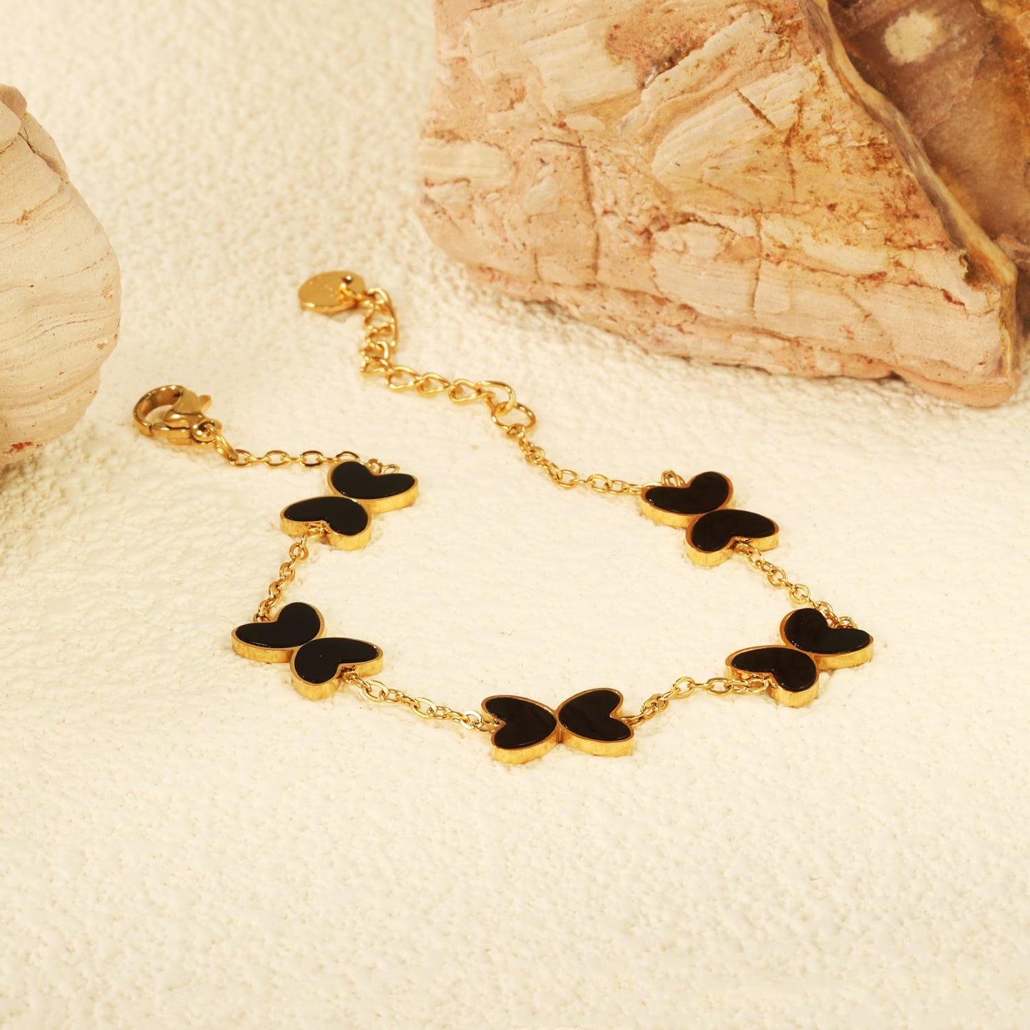 5pcs 11.2*8mm Butterfly with White Shell/Black Yak/Green Drip Oil Bracelet Cross Chain 0.4mm*17+3cm+6mm Round Plaque Gold Color asonjewelry