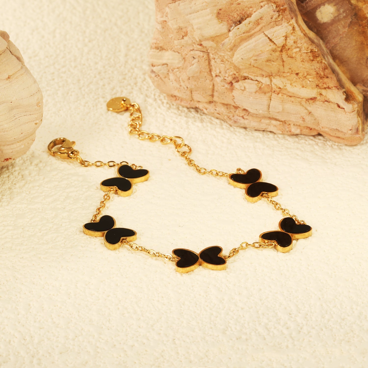 5pcs 11.2*8mm Butterfly with White Shell/Black Yak/Green Drip Oil Bracelet Cross Chain 0.4mm*17+3cm+6mm Round Plaque Gold Color asonjewelry