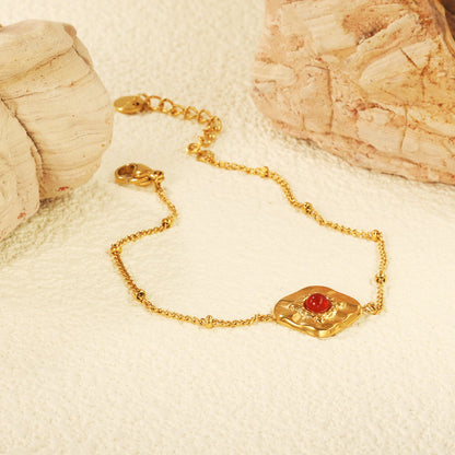 14*15.6mm rhombus with 4mm red stone bracelet 17+3cm gold color asonjewelry