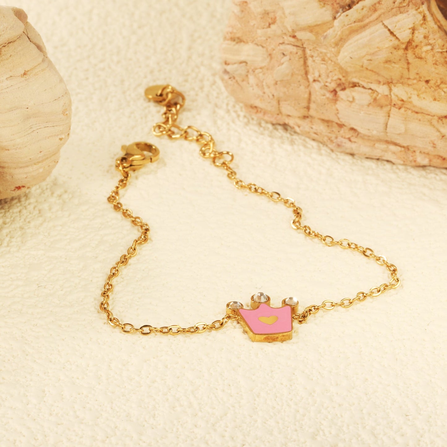 12mm Crown with Pink Oil Drip Bracelet Cross 0.4mm*17+3cm+6mm Round Plaque Gold Color asonjewelry