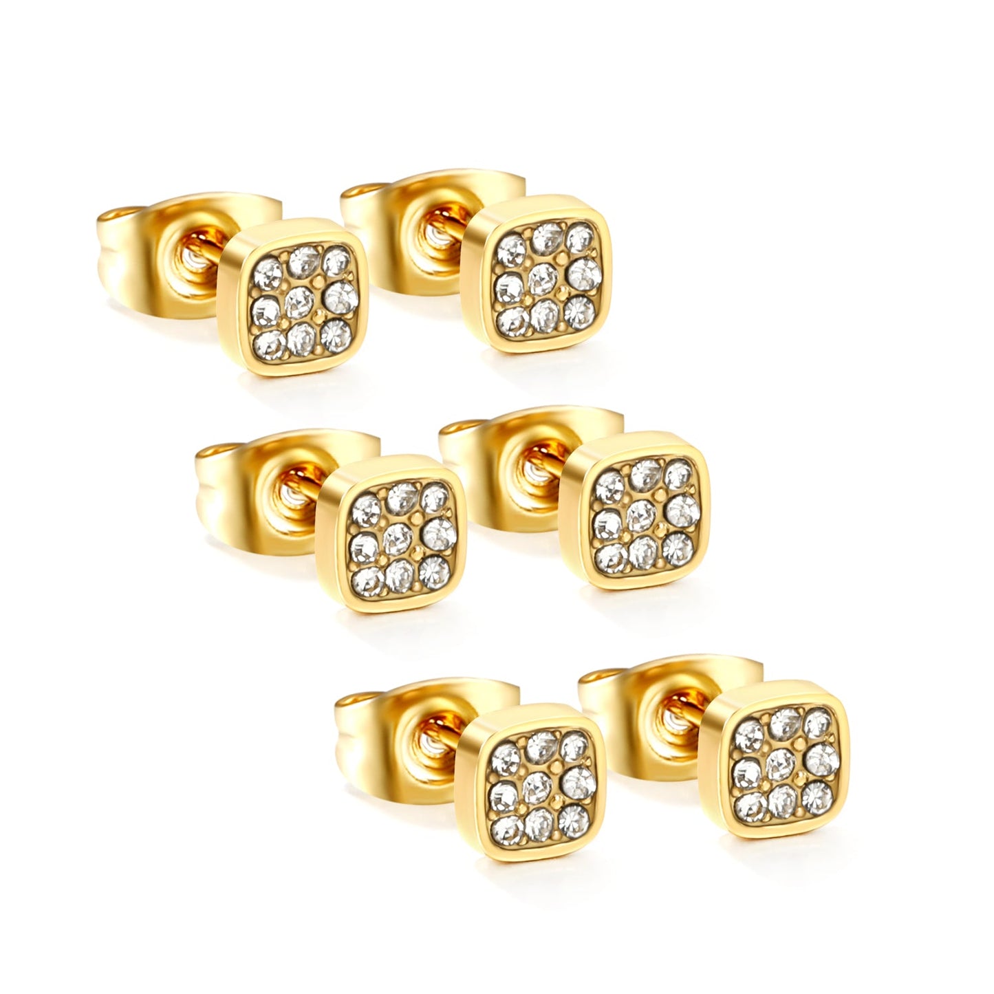 3PCS 5mm Geometric plain pin earrings with white diamonds steel color/golden color asonjewelry