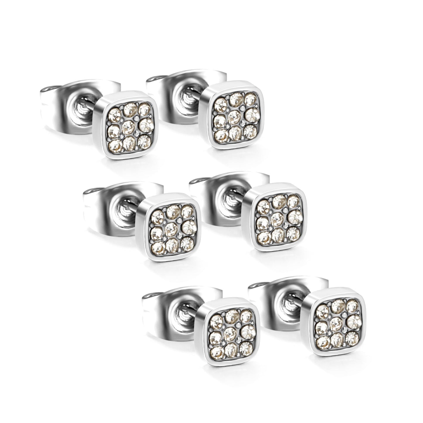 3PCS 5mm Geometric plain pin earrings with white diamonds steel color/golden color asonjewelry