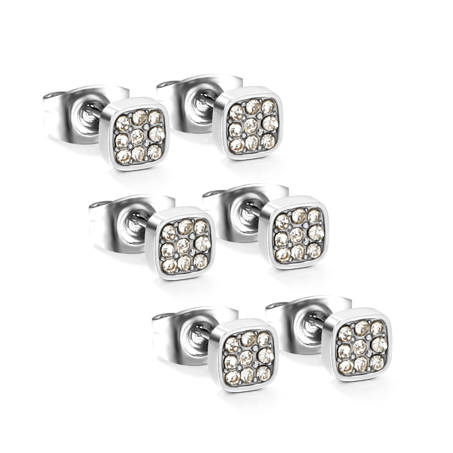 3PCS 5mm Geometric plain pin earrings with white diamonds steel color/golden color asonjewelry