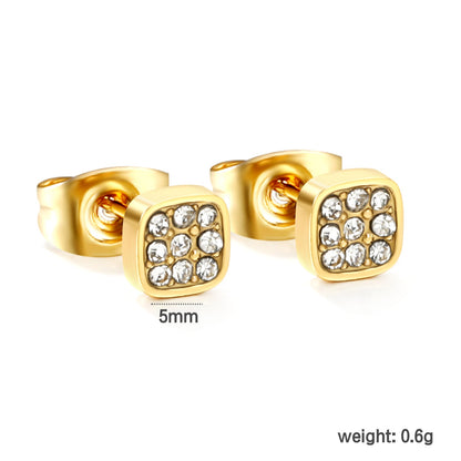 3PCS 5mm Geometric plain pin earrings with white diamonds steel color/golden color asonjewelry