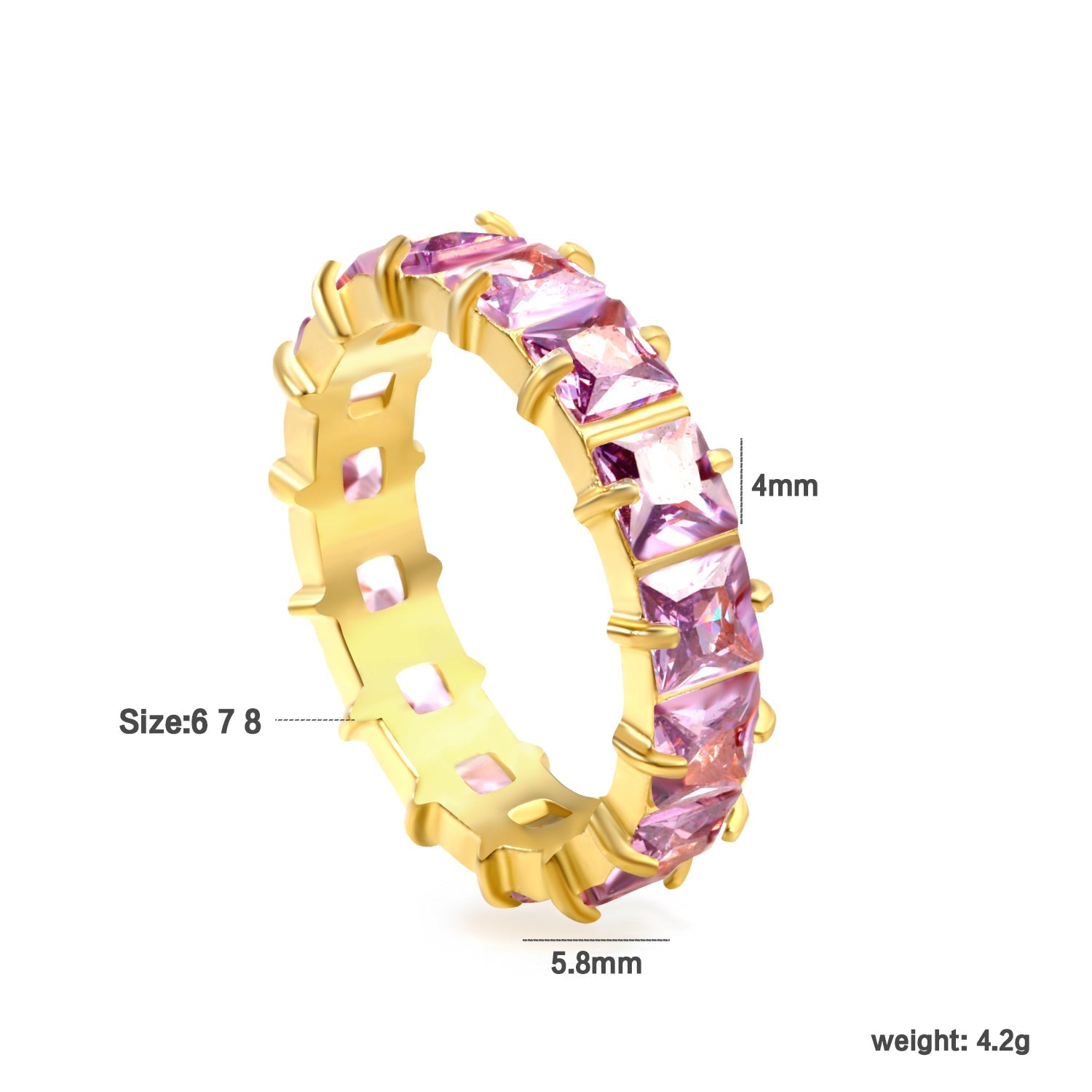 4mm square white/purple/red/pink zirconium solitaire ring gold color asonjewelry