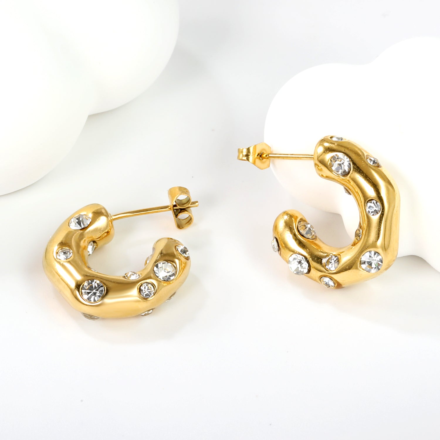 Half round earrings with white diamonds 5.6*high 18.3mm gold color asonjewelry