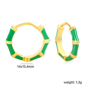 14*13.4mm green oil drip bamboo earrings gold color