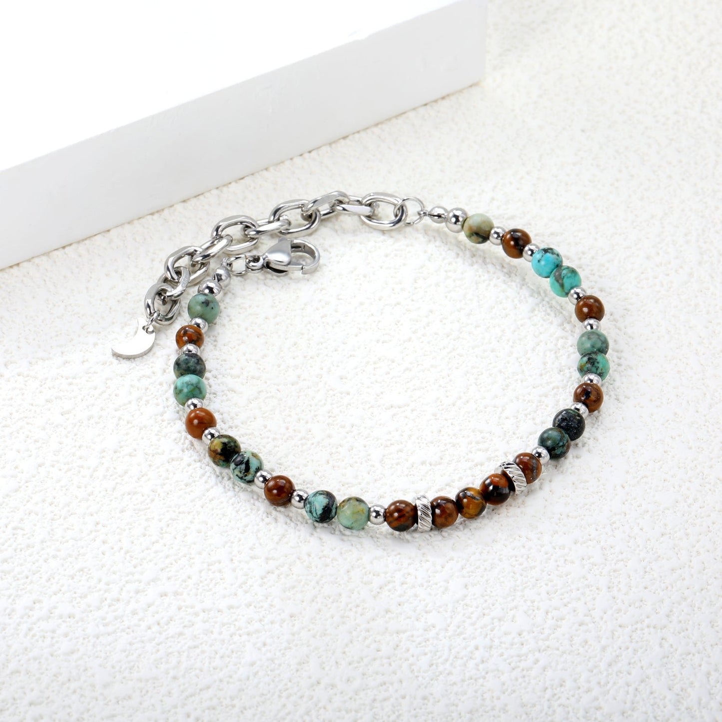 About 4.7mm mixed color round beads + 2.9mm round steel beads 18+5cm end chain + 4.6*7.4 crescent moon tail plate bracelet steel color asonjewelry