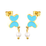 7.8*11mm Butterfly with cut corrosion surface/white shell/pink/light blue/green oil drops + 4mm freshwater pearl earrings Gold color
