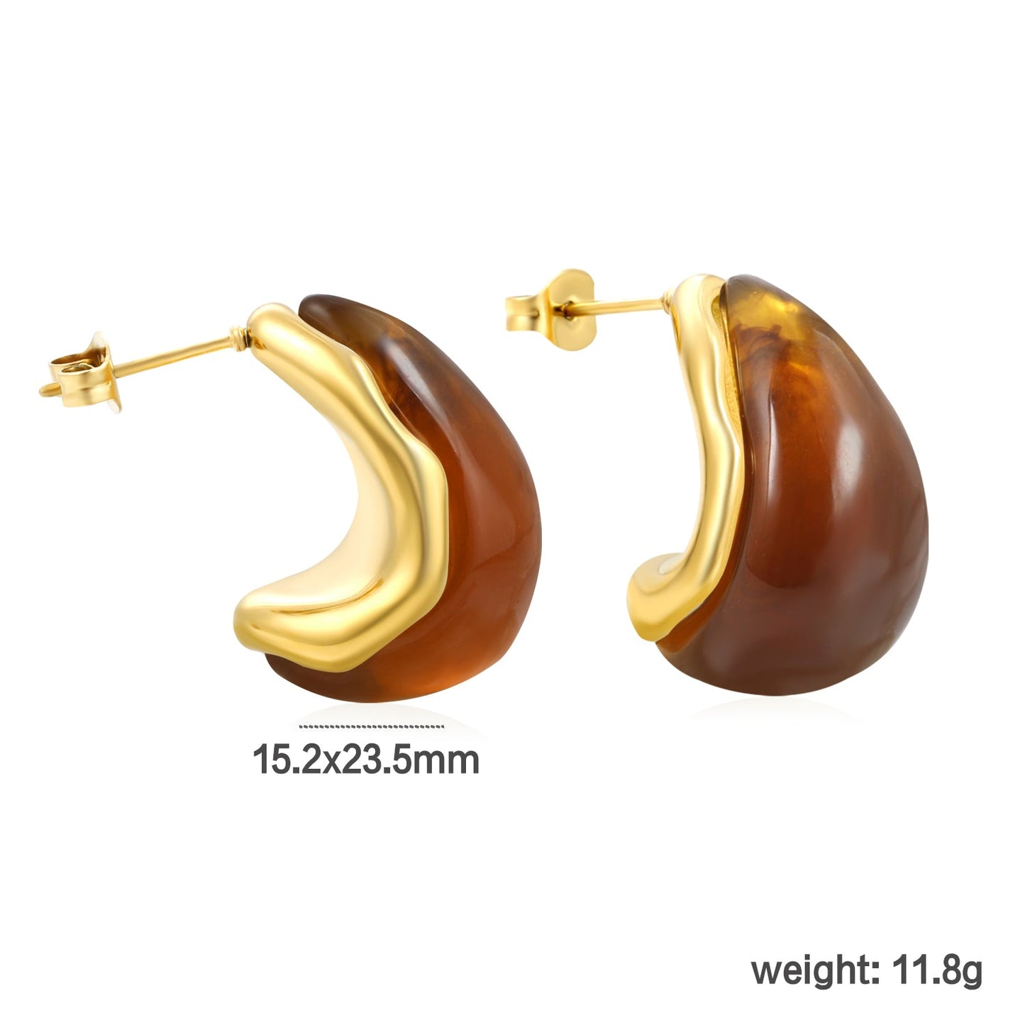 15.2*23.5mm semi-curved teardrop white/amber resin stud earrings gold color asonjewelry