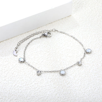 5.9mm three round white shells + 4mm two cylindrical with white diamonds accessories 18 + 5cm end chain + 4.6 * 7.4 crescent tail plate bracelet steel color asonjewelry