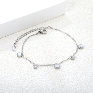 5.9mm three round white shells + 4mm two cylindrical with white diamonds accessories 18 + 5cm end chain + 4.6 * 7.4 crescent tail plate bracelet steel color