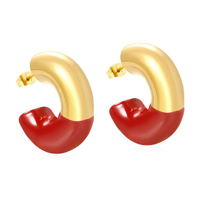 10.3*31.2mm C-shaped earrings with white/black/red oil drops Gold color asonjewelry