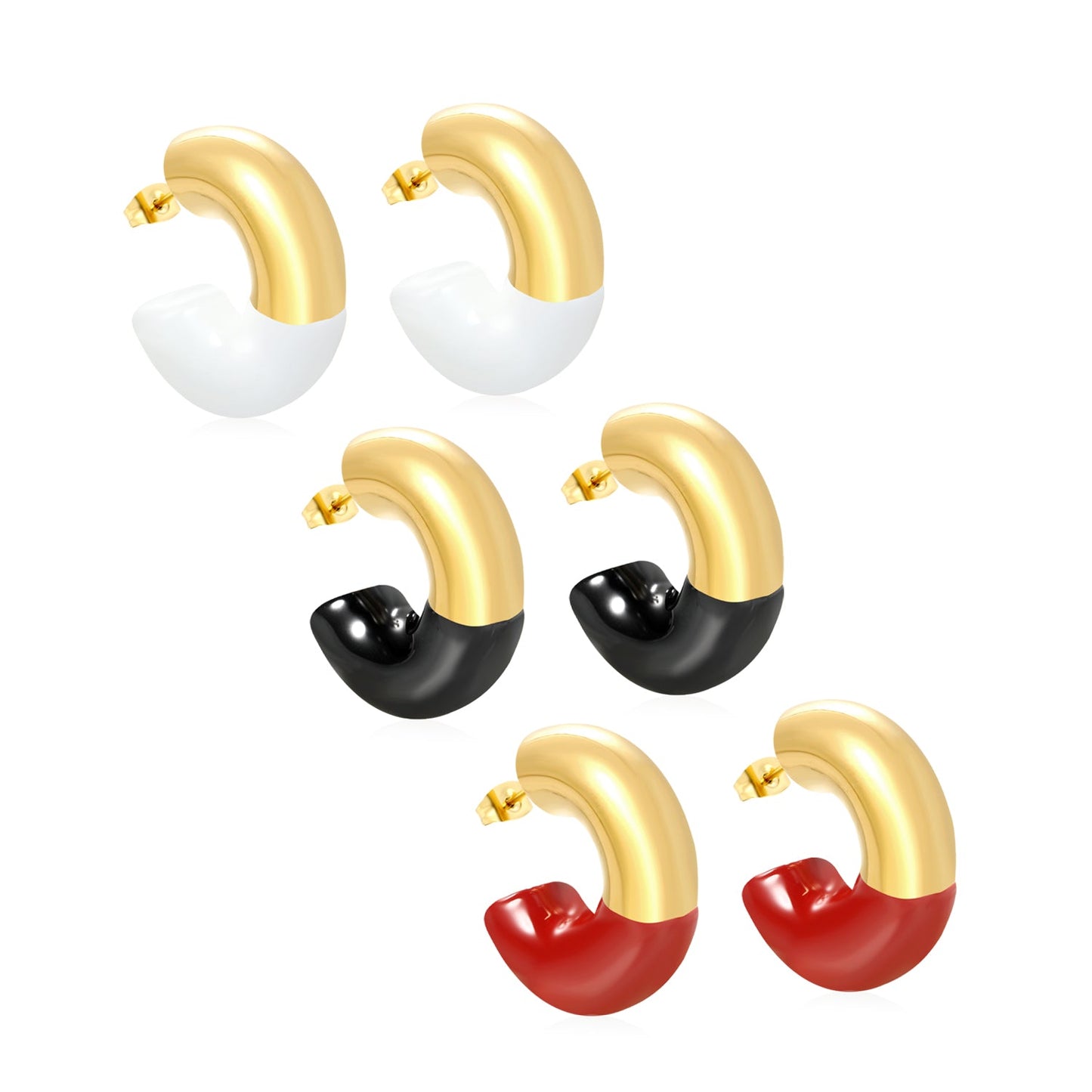 10.3*31.2mm C-shaped earrings with white/black/red oil drops Gold color asonjewelry