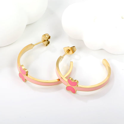 C-Shape with pink/blue oil drip 8*5.6mm butterfly earrings 27.8mm gold color asonjewelry