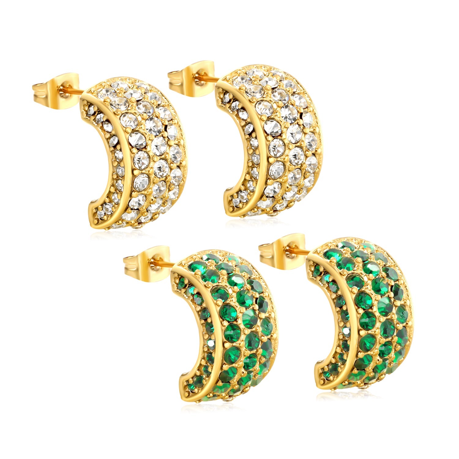 10.2*18.4mm C-shaped with white/emerald diamonds earrings steel color/golden color asonjewelry