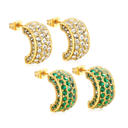 10.2*18.4mm C-shaped with white/emerald diamonds earrings steel color/golden color asonjewelry