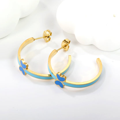 C-Shape with pink/blue oil drip 8*5.6mm butterfly earrings 27.8mm gold color asonjewelry