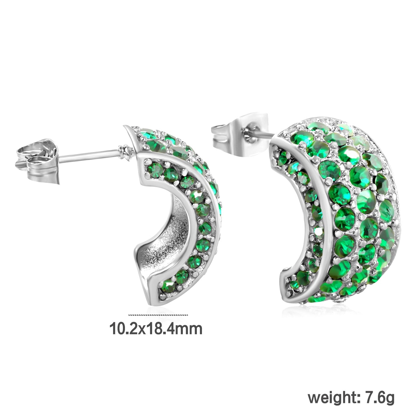 10.2*18.4mm C-shaped with white/emerald diamonds earrings steel color/golden color asonjewelry