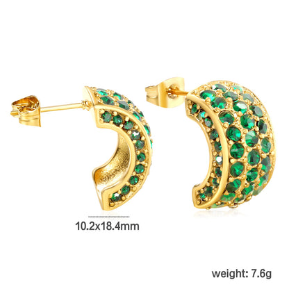 10.2*18.4mm C-shaped with white/emerald diamonds earrings steel color/golden color asonjewelry