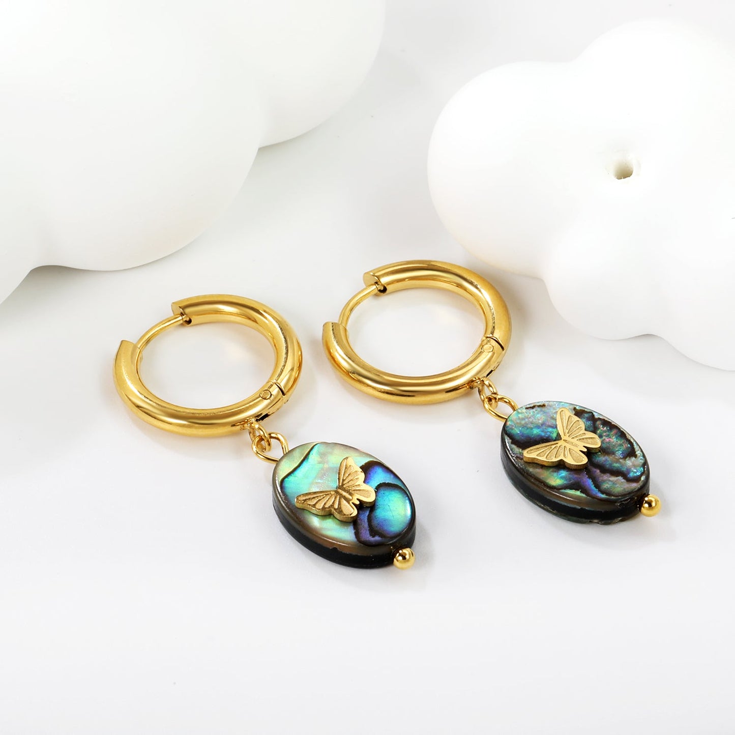 2.5*12.2mm circle + 10.4*14.3mm oval abalone shell with butterfly earrings gold color asonjewelry